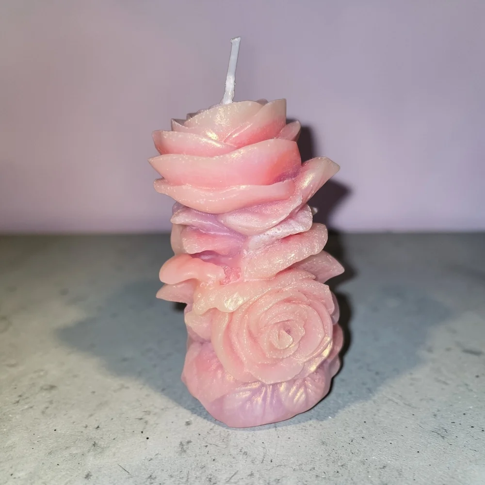 Handmade Pink Rose Pillar Candle – 100% Beeswax Floral Sculpture – Iridescent